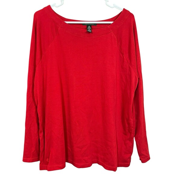 Lauren Ralph Lauren Red Long Sleeve Knit Top 2X Stretch Cotton Pullover Blouse‎ - Picture 1 of 12
